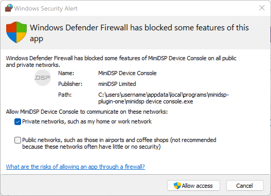 Windows Defender firewall warning